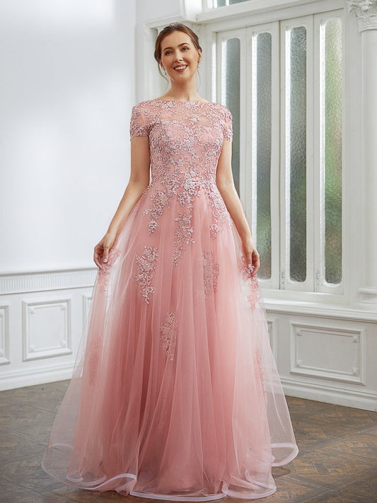 A-Line/Princess Tulle Applique Bateau Short Sleeves Floor-Length Dresses Mother of the Bride Dress