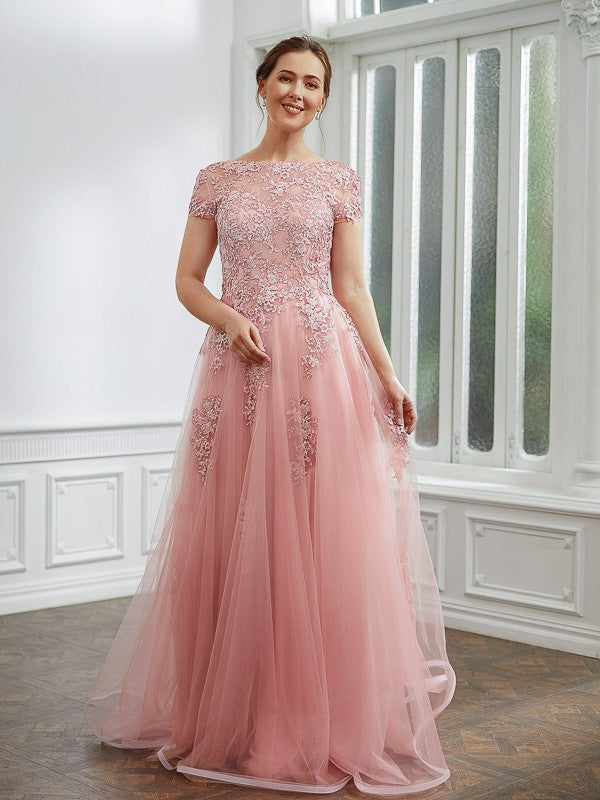 A-Linie/Princess-Linie Tüll Applikationen Bateau-Ausschnitt Kurze Ärmel Bodenlang Kleider Kleid für die Brautmutter