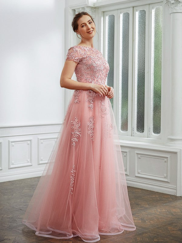 A-Linie/Princess-Linie Tüll Applikationen Bateau-Ausschnitt Kurze Ärmel Bodenlang Kleider Kleid für die Brautmutter