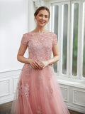 A-Linie/Princess-Linie Tüll Applikationen Bateau-Ausschnitt Kurze Ärmel Bodenlang Kleider Kleid für die Brautmutter
