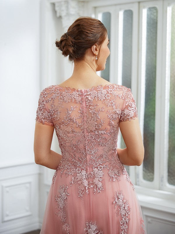 A-Linie/Princess-Linie Tüll Applikationen Bateau-Ausschnitt Kurze Ärmel Bodenlang Kleider Kleid für die Brautmutter
