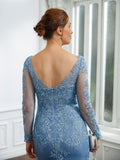 Sheath/Column Tulle Applique V-neck Long Sleeves Sweep/Brush Train Mother of the Bride Dresses