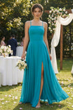 A-Line Chiffon Bridesmaid Dress With Slit in Blue Jay