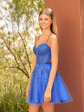 A Line Spaghetti Straps Royal Blue Corset Homecoming Dress with Appliques