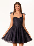 Tie Shoulder White Spraying A-Line Short Party Dress