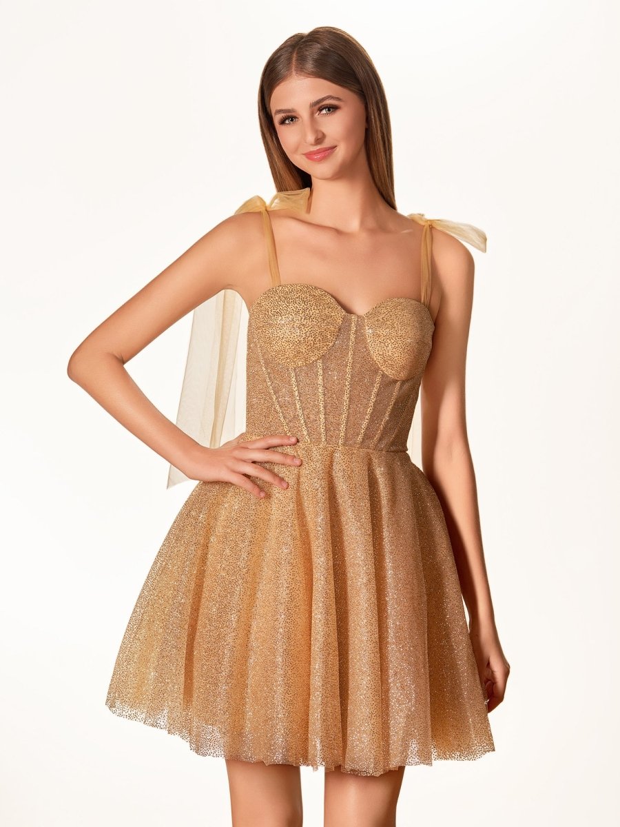 Tie Shoulder White Spraying A-Line Short Party Dress