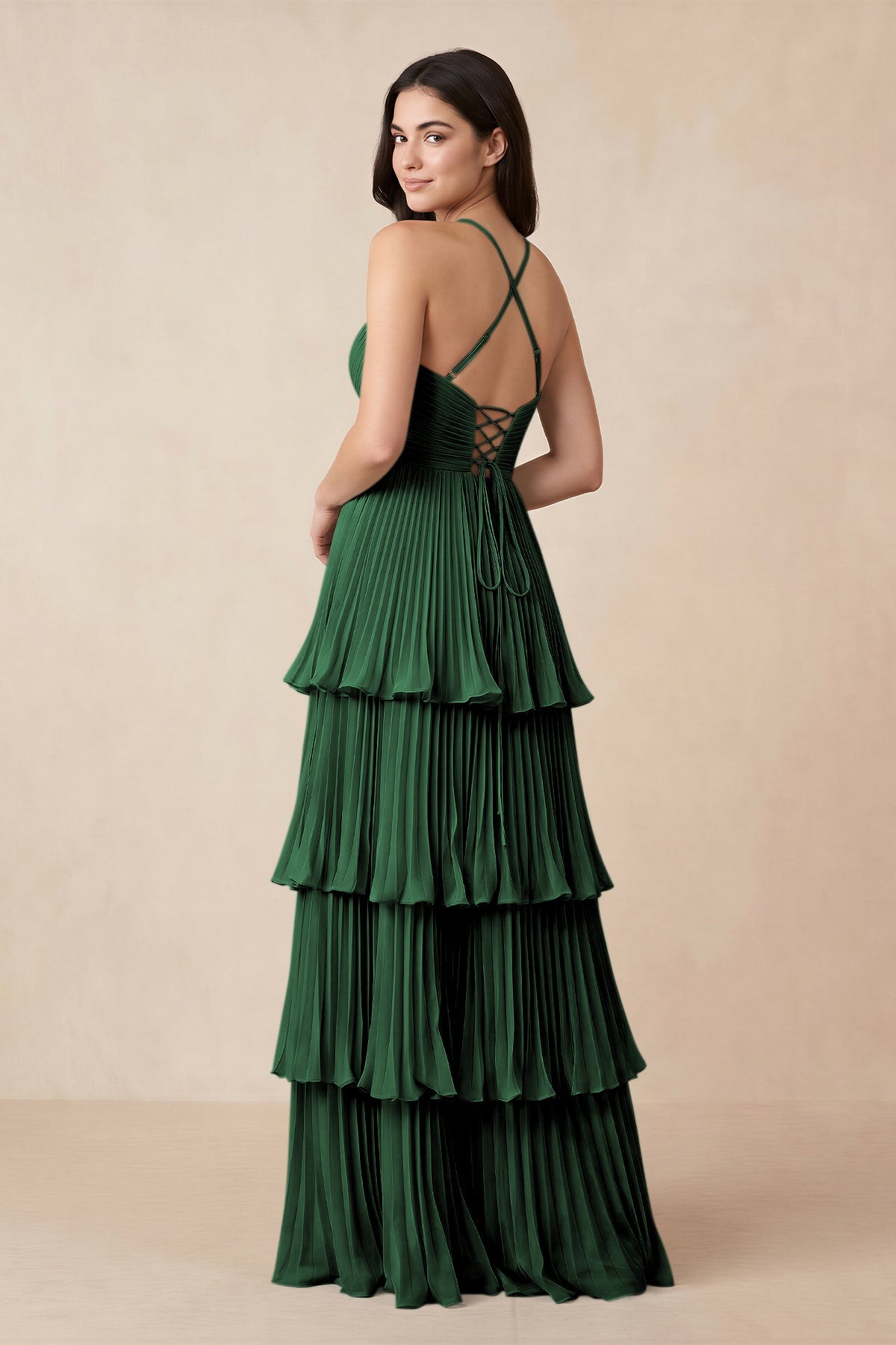 Tiered Pleated V-Neck A-Line Chiffon Bridesmaid Dress in Dark Green