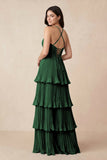 Tiered Pleated V-Neck A-Line Chiffon Bridesmaid Dress in Dark Green