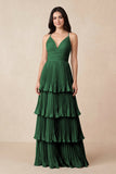 Tiered Pleated V-Neck A-Line Chiffon Bridesmaid Dress in Dark Green