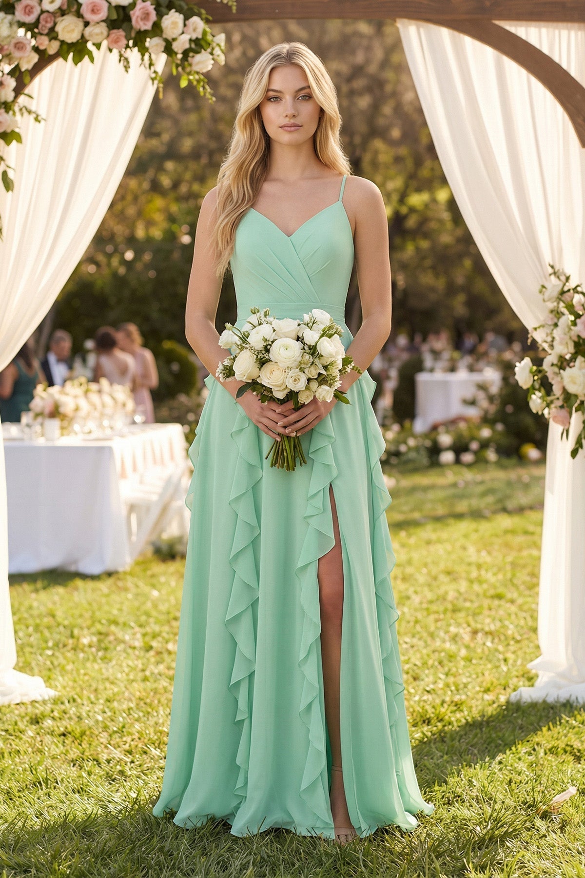 Tiered Ruffle A-Line Chiffon Bridesmaid Dress in Pale Pistachio