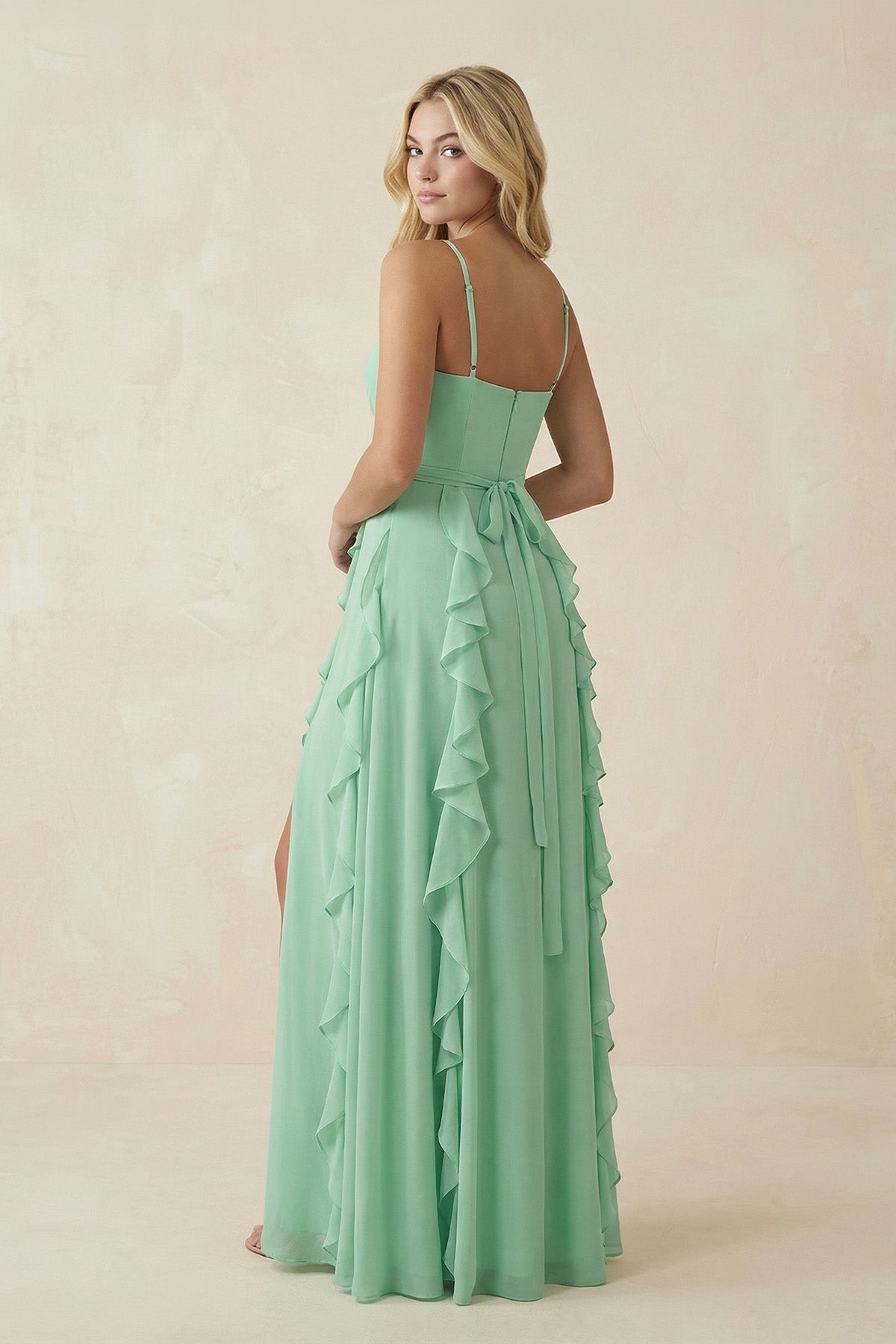 Tiered Ruffle A-Line Chiffon Bridesmaid Dress in Pale Pistachio