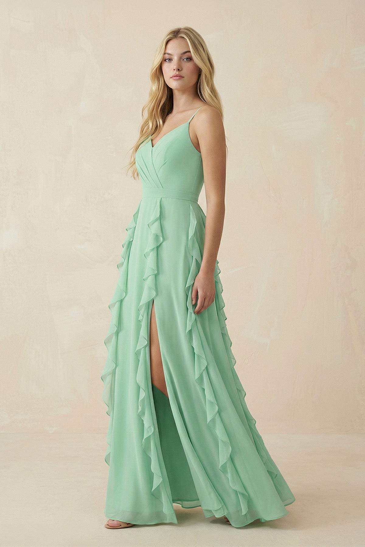 Tiered Ruffle A-Line Chiffon Bridesmaid Dress in Pale Pistachio