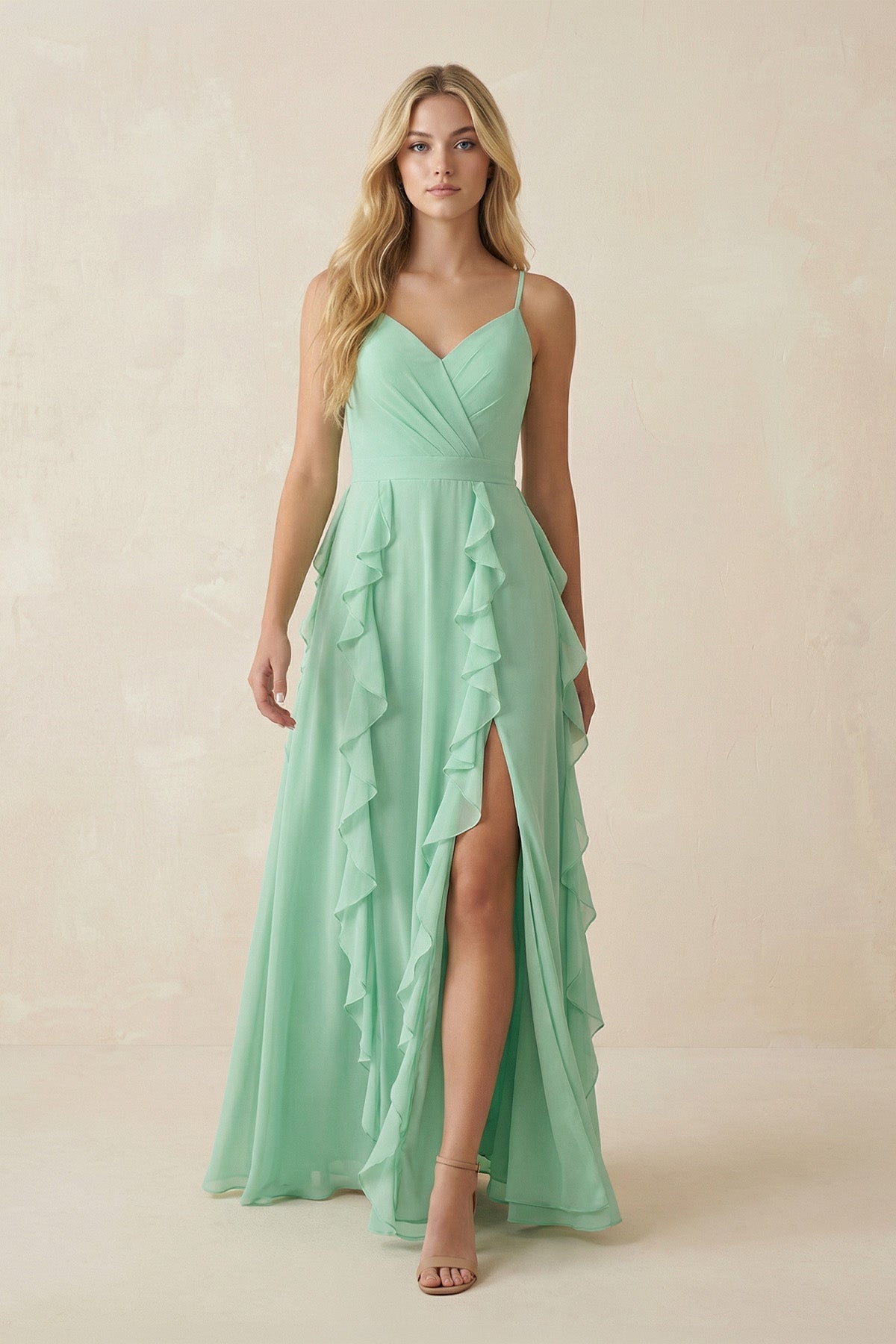 Tiered Ruffle A-Line Chiffon Bridesmaid Dress in Pale Pistachio