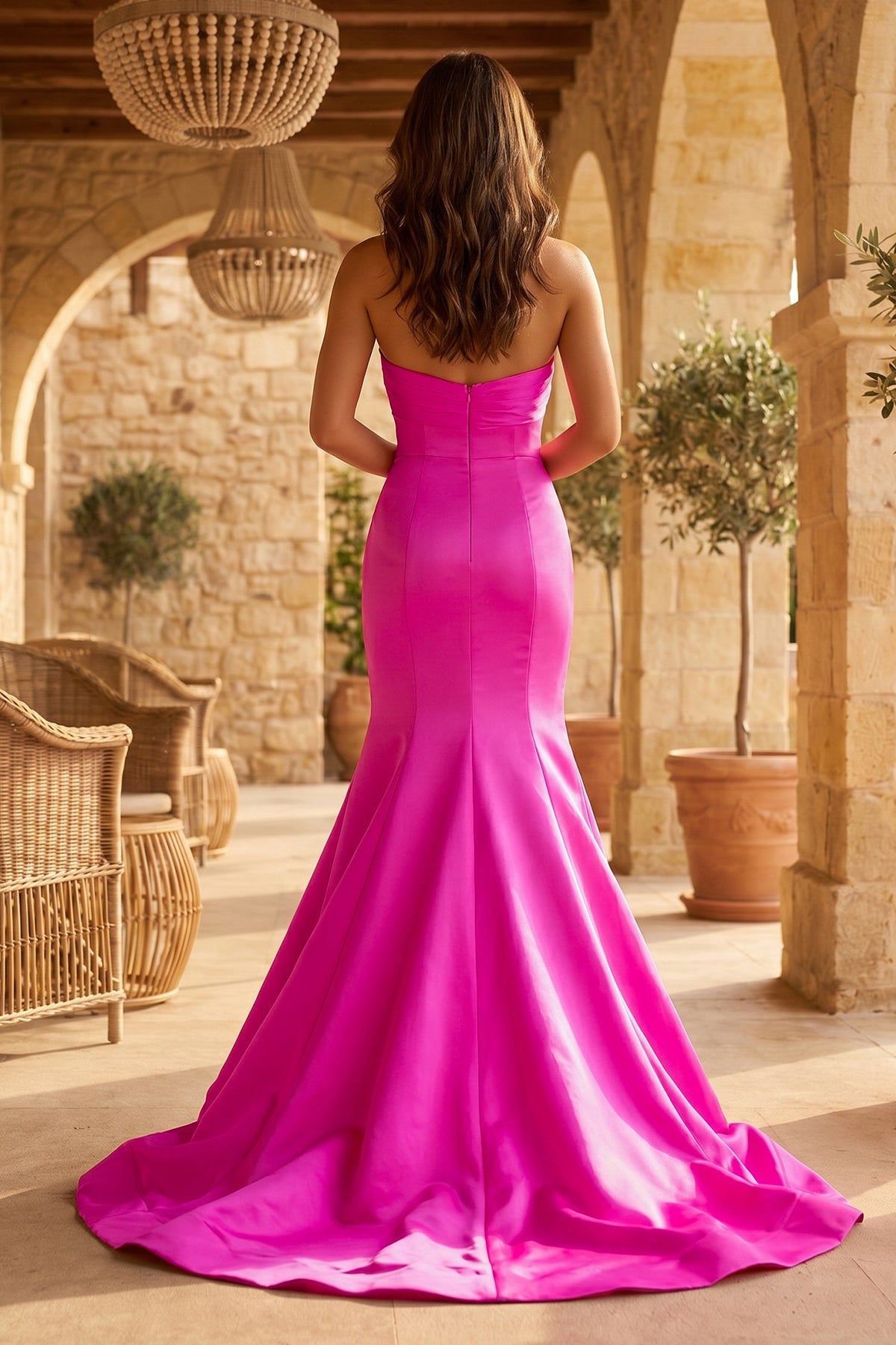 Mermaid Sweetheart Pink Satin Prom Dress with Bow