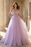 Lavender Beaded A-Line Tulle Prom Dress with Off Shoulder