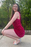 Black Tight Sequins One Shoulder Mini Party Dresses
