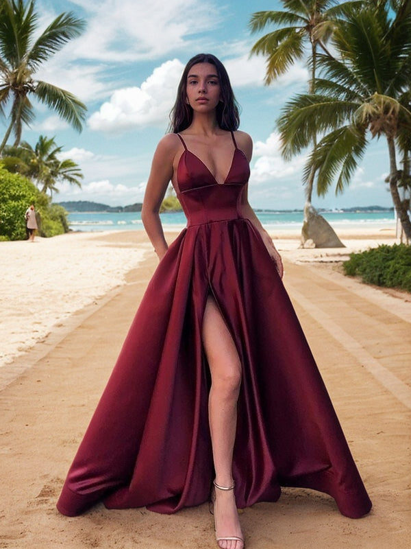 Vestido de noche de graduación con corte A/princesa, volantes, satén, tirantes finos, sin mangas, largo hasta el suelo