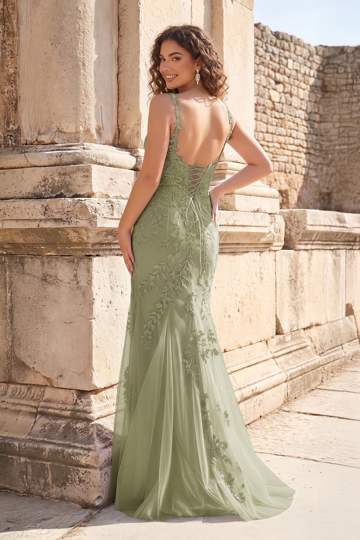Mermaid Spaghetti Straps Lavender Lace Long Prom Dresses with Appliques