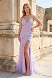 Mermaid Spaghetti Straps Lavender Lace Long Prom Dresses with Appliques