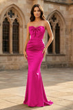 Mermaid Sweetheart Dark Green Satin Long Prom Dresses with Bow