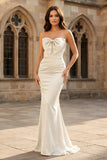 Mermaid Sweetheart Dark Green Satin Long Prom Dresses with Bow
