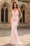Mermaid Sweetheart Dark Green Satin Long Prom Dresses with Bow