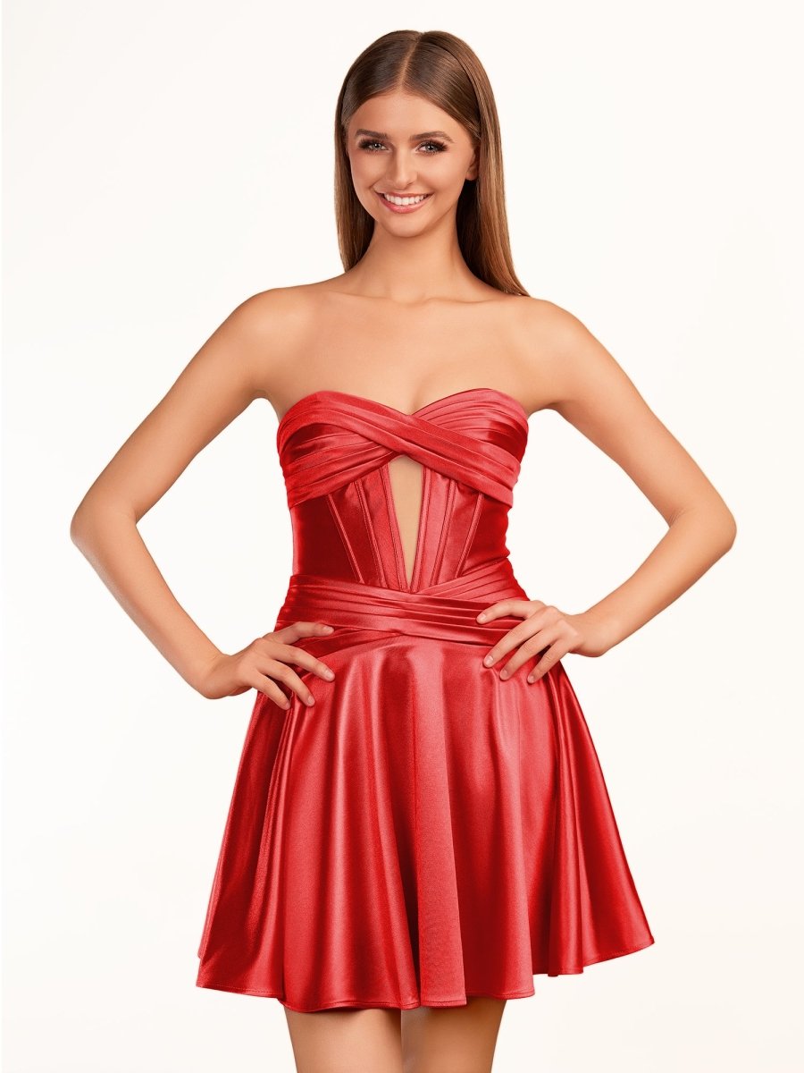 A-line Strapless Fuchsia Pleated Homecoming Dress with Keyhole