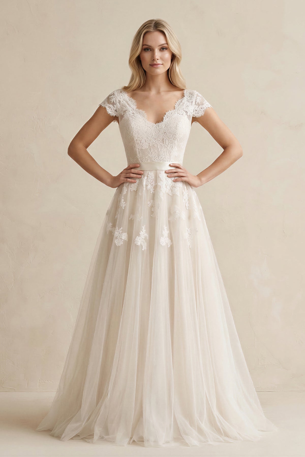 Cap Sleeve V-Neck Lace Tulle Wedding Dress With Zipper Back