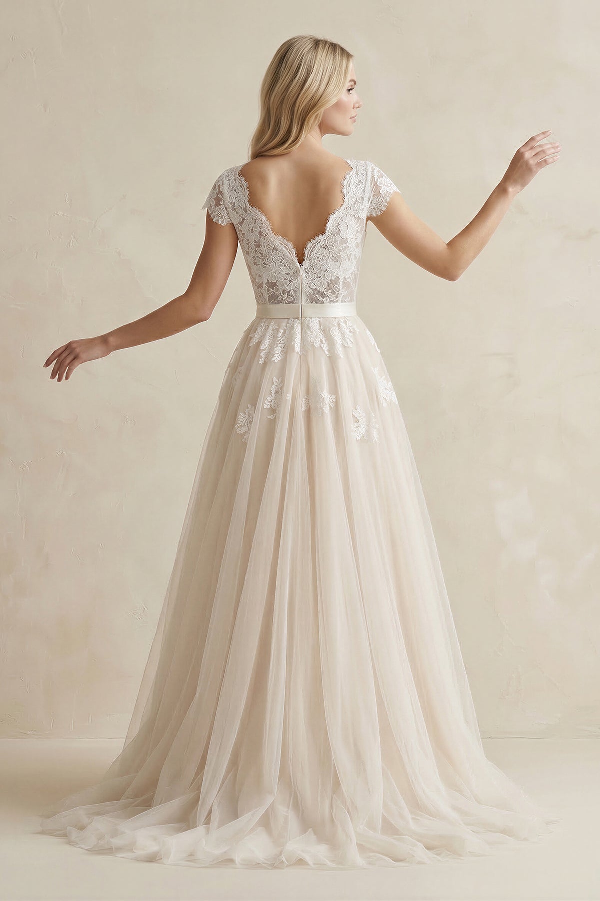 Cap Sleeve V-Neck Lace Tulle Wedding Dress With Zipper Back
