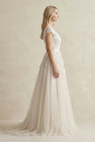 Cap Sleeve V-Neck Lace Tulle Wedding Dress With Zipper Back
