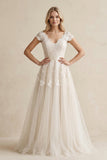 Cap Sleeve V-Neck Lace Tulle Wedding Dress With Zipper Back