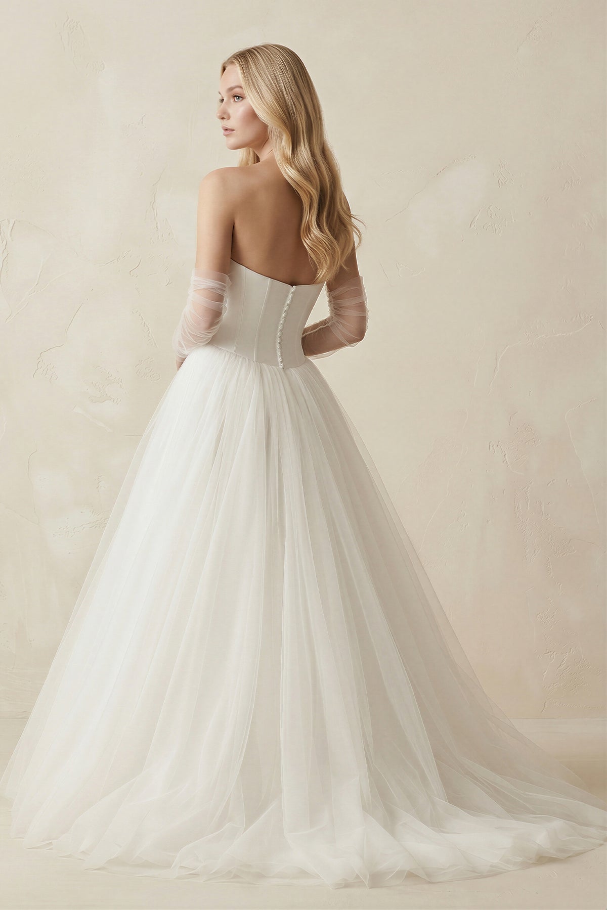 Tulle A-Line Strapless Wedding Dress With Sleeves in Ivory