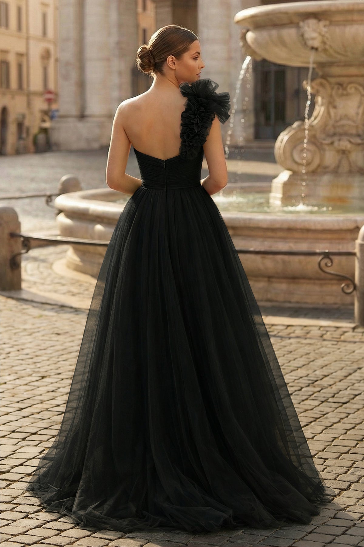 A-Line One Shoulder Long Tulle Prom Dress with Ruffles