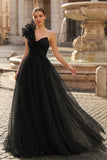 A-Line One Shoulder Long Tulle Prom Dress with Ruffles