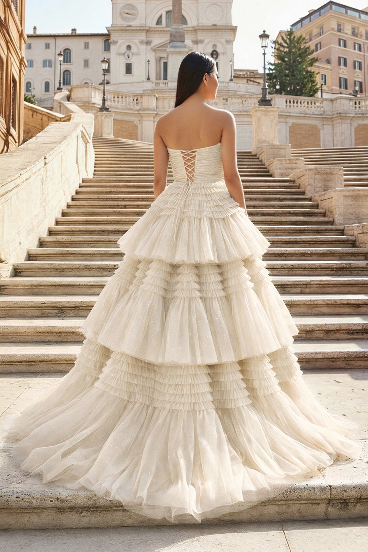 A-Line Strapless Tulle Long Prom Dress with Tiered Ruffles