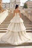 A-Line Strapless Tulle Long Prom Dress with Tiered Ruffles