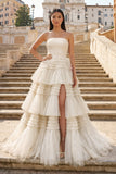 A-Line Strapless Tulle Long Prom Dress with Tiered Ruffles