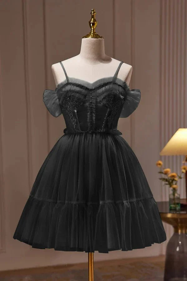 Spaghetti Straps Tulle Lace Appliques Short Prom Dresses With Bow