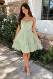 Spaghetti Straps Tulle Lace Appliques Short Prom Dresses With Bow