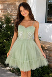Spaghetti Straps Tulle Lace Appliques Short Prom Dresses With Bow