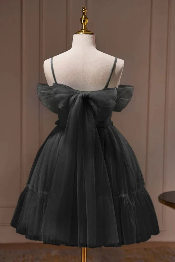 Spaghetti Straps Tulle Lace Appliques Short Prom Dresses With Bow