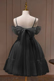 Spaghetti Straps Tulle Lace Appliques Short Prom Dresses With Bow
