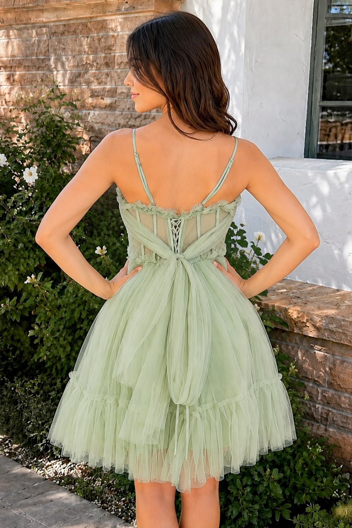 Spaghetti Straps Tulle Lace Appliques Short Prom Dresses With Bow