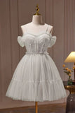 Spaghetti Straps Tulle Lace Appliques Short Prom Dresses With Bow