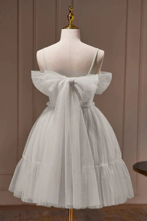 Spaghetti Straps Tulle Lace Appliques Short Prom Dresses With Bow