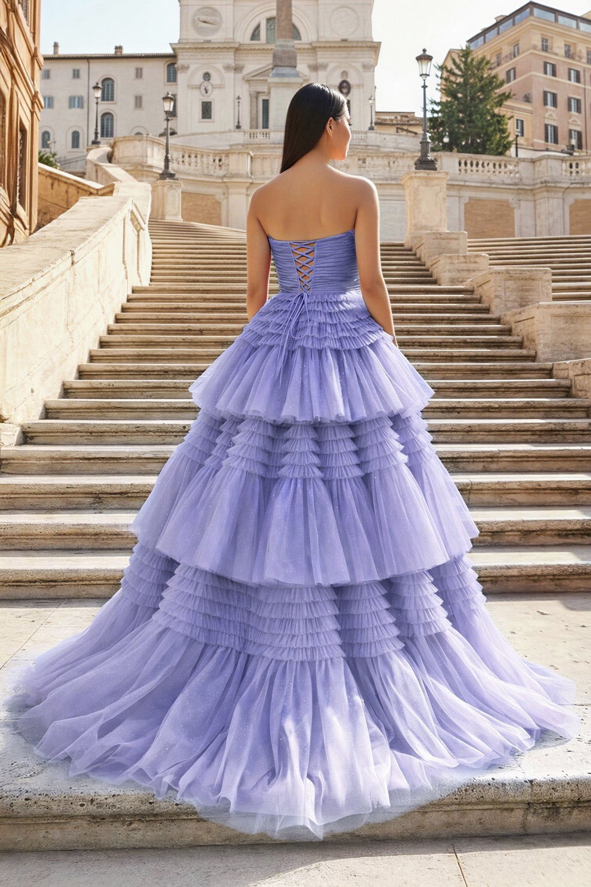 A-Line Strapless Tulle Long Prom Dress with Tiered Ruffles