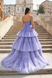 A-Line Strapless Tulle Long Prom Dress with Tiered Ruffles