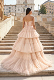 A-Line Strapless Tulle Long Prom Dress with Tiered Ruffles