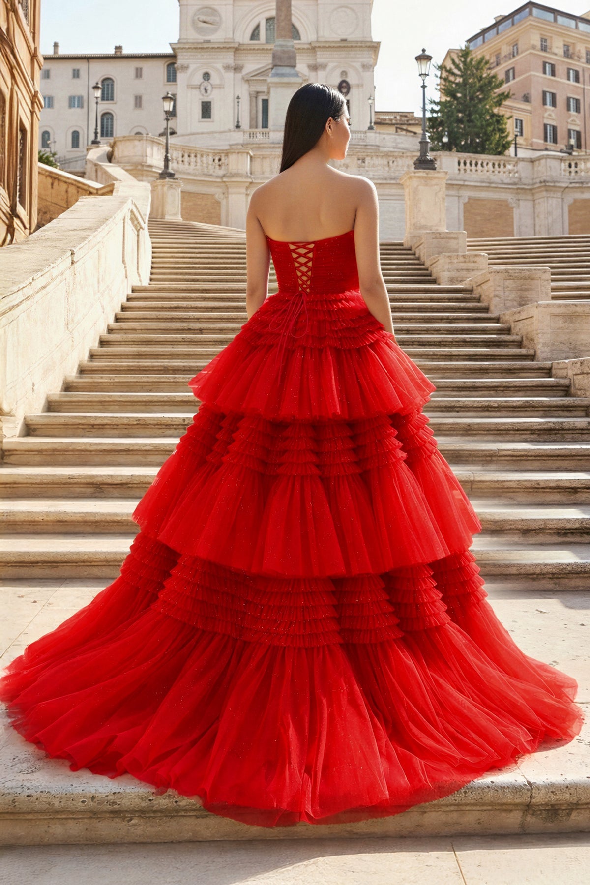 A-Line Strapless Tulle Long Prom Dress with Tiered Ruffles