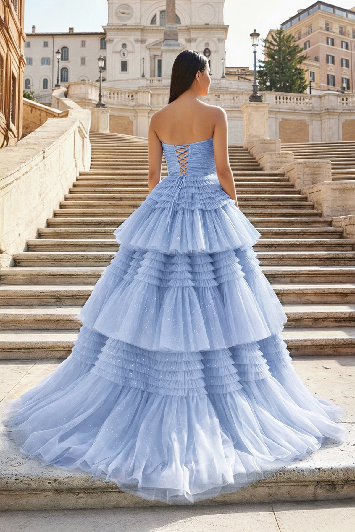 A-Line Strapless Tulle Long Prom Dress with Tiered Ruffles